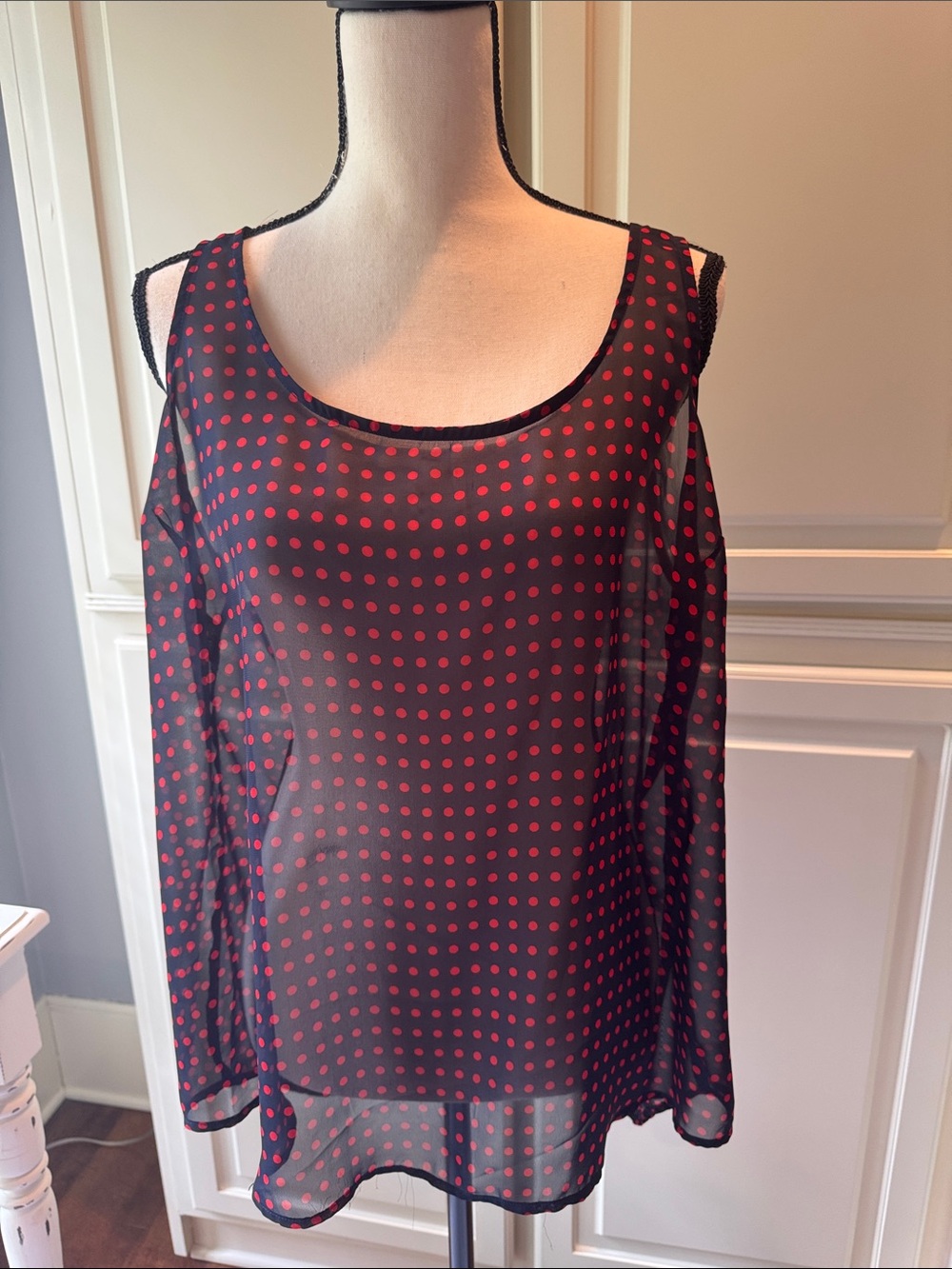 Sheer navy Top with Red Polka Dots - Women’s Sleeveless Shell